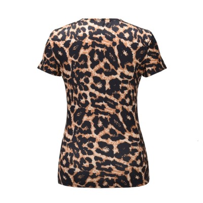 Women Summer Printed Casual V-neck Short Sleeves Leopard Print Lace Up Regular T-Shirt