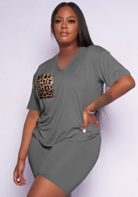 Women Summer Grey Casual V-neck Short Sleeves High Waist Leopard Print Pockets Regular Two Piece Shorts Set