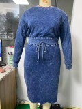 Women Autumn Blue Casual O-Neck Full Sleeves High Waist Solid Denim Belted Regular Plus Size Two Piece Skirt Set