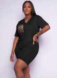 Women Summer Black Casual V-neck Short Sleeves High Waist Leopard Print Pockets Regular Two Piece Shorts Set