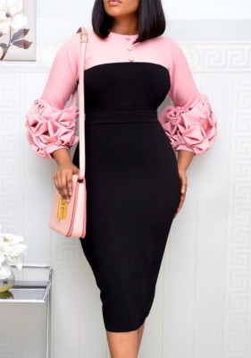 Women Autumn Pink Modest O-Neck Full Sleeves Color Blocking Button Midi Pencil Office Dress