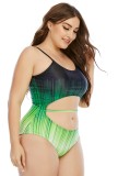Women Green One-Piece Strap Printed Hollow Out Plus Size One Piece Swimwear
