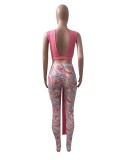 Women Summer Pink Sexy V-neck Sleeveless High Waist Printed Belted Skinny Two Piece Pants Set