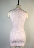 Women Summer Pink Casual O-Neck Sleeveless Printed Button Mini Bodycon Dress