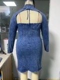 Women Autumn Blue Casual Turtleneck Wrist Sleeves High Waist Solid Denim Skinny Plus Size Two Piece Skirt Set
