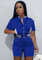 Women Summer Blue Casual O-Neck Short Sleeves High Waist Striped Print Pockets Regular Two Piece Shorts Set