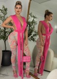 Women Summer Pink Sexy V-neck Sleeveless High Waist Printed Belted Skinny Two Piece Pants Set