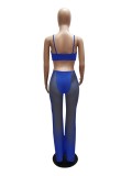 Women Summer Blue Sexy Strap Sleeveless Patchwork Mesh Full Length Regular Jumpsuit