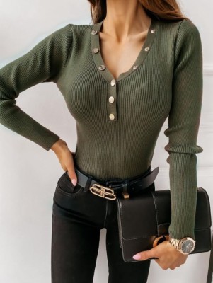 Women Autumn Green Casual V-neck Full Sleeves Solid Rivet Regular T-Shirt