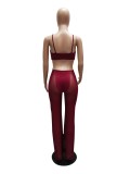 Women Summer Burgunry Sexy Strap Sleeveless Patchwork Mesh Full Length Regular Jumpsuit