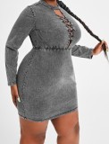 Women Summer Grey Casual O-Neck Full Sleeves Solid Denim Lace Up Mini Straight Plus Size Casual Dress