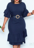 Women Summer Blue Modest O-Neck Half Sleeves Solid Ruffles Midi Pencil Office Dress