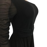 Women Summer Black Romantic Slash Neck Full Sleeves Solid Mesh Ripped Full Length Regular Jumpsuit