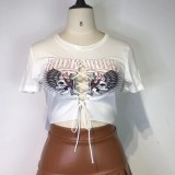 Women Summer White Casual O-Neck Short Sleeves High Waist Skulls Print PU Leather Lace Up Regular MiniTwo Piece Skirt Set