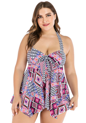 Women Purple High-Leg Halter Printed Bow Plus Size Two Piece Swimwear