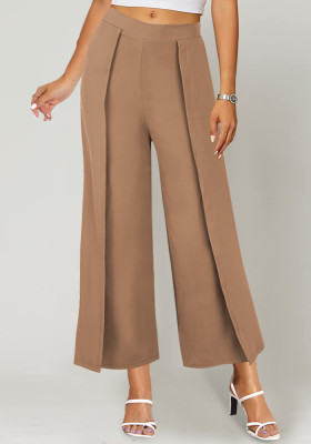 Women Autumn Khaki Wide Leg Pants High Waist Elastic Waist Solid Ankle-Length Loose Pants