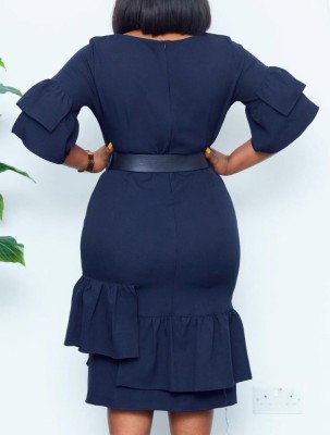 Women Summer Blue Modest O-Neck Half Sleeves Solid Ruffles Midi Pencil Office Dress