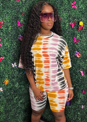 Women Summer Printed Casual O-Neck Half Sleeves High Waist Dot Print Skinny Two Piece Shorts Set