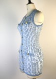 Women Summer Blue Casual O-Neck Sleeveless Printed Button Mini Bodycon Dress