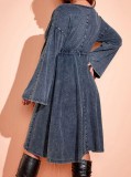 Women Autumn Blue Casual V-neck Full Sleeves Solid Denim Belted Knee-Length A-line Plus Size Casual Dress