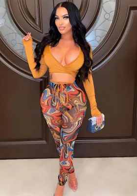 Women Autumn Orange Modest V-neck Full Sleeves High Waist Printed Lace Up Skinny Two Piece Pants Set