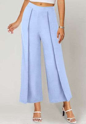 Women Autumn Blue Wide Leg Pants High Waist Elastic Waist Solid Ankle-Length Loose Pants