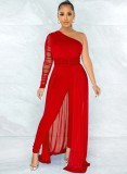Women Summer Red Romantic Slash Neck Full Sleeves Solid Mesh Ripped Full Length Regular Jumpsuit