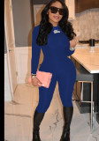 Women Autumn Blue Casual Turtleneck Full Sleeves Solid Full Length Skinny Jumpsuit