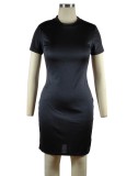 Women Summer Black Sexy O-Neck Short Sleeves Solid Ripped Mini Bodycon Dress