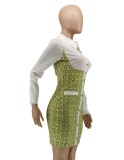 Women Autumn Green Formal Turn-down Collar Full Sleeves Patchwork Button Mini Straight Office Dress