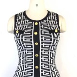 Women Summer Black Casual O-Neck Sleeveless Printed Button Mini Bodycon Dress