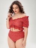 Women Red Bikini V-Neck Floral Print Ruffles Plus Size Two Piece Swimwear