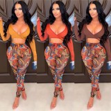 Women Autumn Orange Modest V-neck Full Sleeves High Waist Printed Lace Up Skinny Two Piece Pants Set