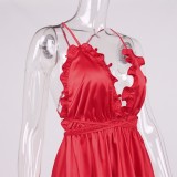 Women Summer Red Sexy Halter Sleeveless Solid Satin Ruffles Mini A-line Club Dress