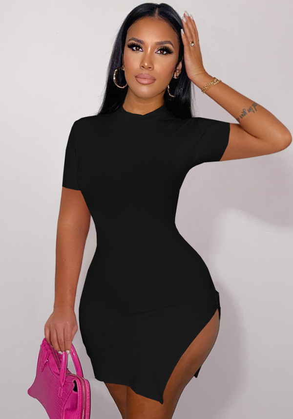 Women Summer Black Sexy O-Neck Short Sleeves Solid Ripped Mini Bodycon Dress