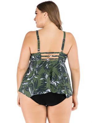 Women Green Cover-Up V-Neck Floral Print Plus Size Two Piece Swimwear