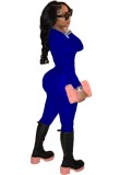 Women Autumn Blue Casual Turtleneck Full Sleeves Solid Full Length Skinny Jumpsuit