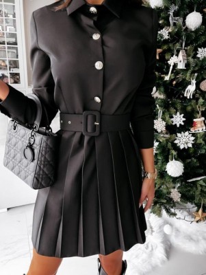 Women Autumn Black Modest Turn-down Collar Full Sleeves Solid Pleated Mini A-line Office Dress