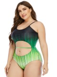Women Green One-Piece Strap Printed Hollow Out Plus Size One Piece Swimwear
