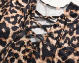 Women Summer Printed Casual V-neck Short Sleeves Leopard Print Lace Up Regular T-Shirt