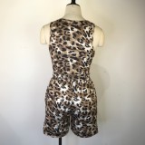 Women Summer Yellow Casual Strap Sleeveless High Waist Leopard Print Pockets Regular Two Piece Shorts Set