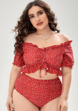 Women Red Bikini V-Neck Floral Print Ruffles Plus Size Two Piece Swimwear