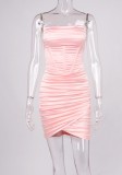 Women Summer Pink Modest Strap Sleeveless Solid Diamonds Mini Bodycon Dress