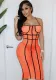 Women Summer Orange Modest Strap Sleeveless Striped Print Mesh Sheath Midi Dress