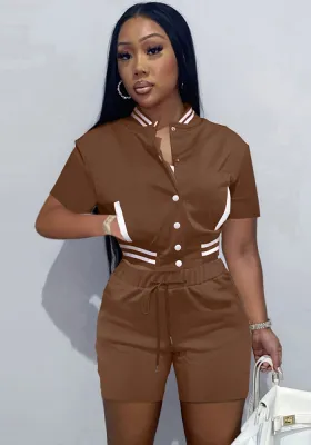 Women Summer Khaki Casual O-Neck Short Sleeves High Waist Striped Print Pockets Regular Two Piece Shorts Set