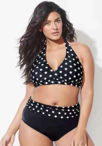 Women Black Bikini V-Neck Dot Print Plus Size Two Piece Swimwear