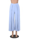 Women Autumn Blue Wide Leg Pants High Waist Elastic Waist Solid Ankle-Length Loose Pants