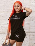 Women Summer Black Casual O-Neck Short Sleeves High Waist Letter Print Belted Regular Two Piece Shorts Set