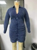 Women Autumn Grey Casual V-neck Full Sleeves Solid Denim Mini Straight Plus Size Casual Dress