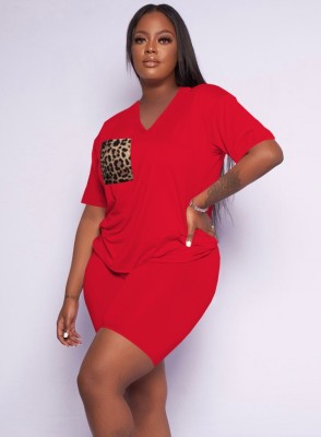 Women Summer Red Casual V-neck Short Sleeves High Waist Leopard Print Pockets Regular Two Piece Shorts Set
